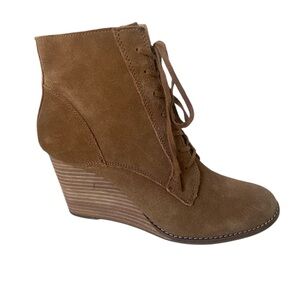 Lucky Brand Yelloh Lace Up Wedge Bootie Tan Suede Ankle Boots Size 9.5
